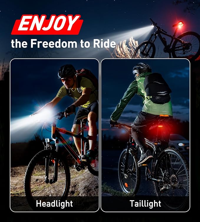 Bike Light Set USB Rechargeable - 5400mAh Bike Headlight & Taillight with Digital Display, 3 LED Super Bright 1600 Lumen 6 Lights Modes for All Bicycles, Road, Mountain, Night Riding