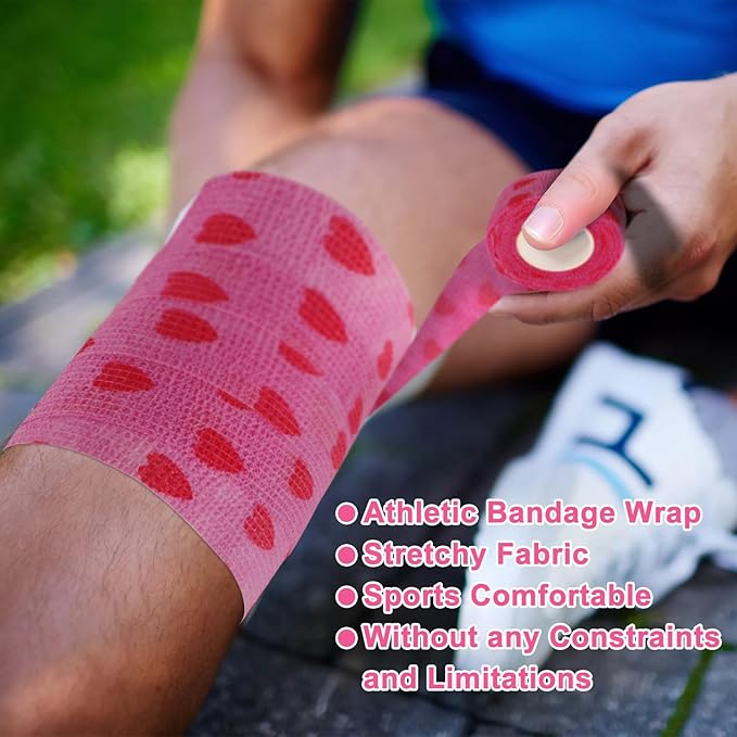 48 Pack Self Adhesive Bandage Wrap, 2” x 5 Yards Cohesive Medical Tape Elastic Grip Tape Black Sports Tape Athletic for Ankle, Wrist Sprains, Pet First Aid (Pink-Heart)