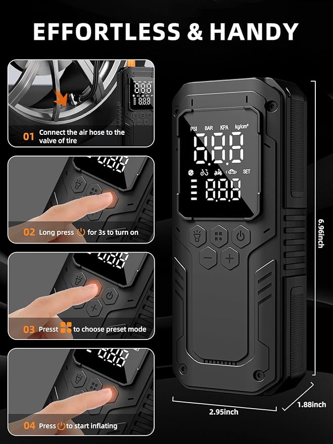 AIRSURE Tire Inflator Portable Air Compressor, 5X Faster Air Pump for Car Tires with Powerful Battery, 12V DC & Autostop, 150PSI Cordless Tire Pump for Car, Motorcycle, Bike, Balls