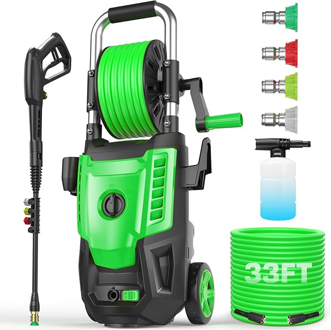 4800 PSI Pressure Cleaner- 4.0 GPM High Power Cleaner with 33FT Hose Reel, 4 Spray Tips and Soap Bottle for Car Washing, Fence Cleaning, Patio Maintenance（Upgraded）(Light Green)