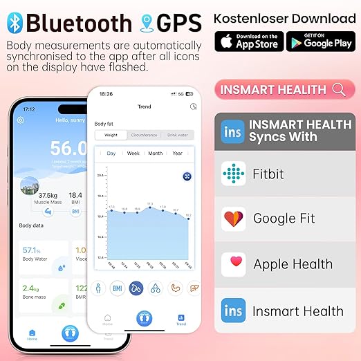 INSMART Smart Scale for Body Weight, Digital Bathroom Scale with BMI, Muscle Mass, Bluetooth Body Fat Scale,17 Body Composition Analyzer with Smart APP Sync Weight Scale, 400 lbs - Pink