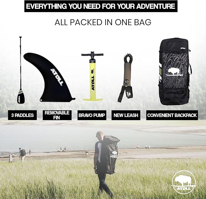 Atoll Inflatable Stand Up Paddle Board ISUP, Bravo Hand Pump and 3 Piece Paddle, Travel Backpack and Accessories New Leash Included Two Sizes - 11ft and 9ft