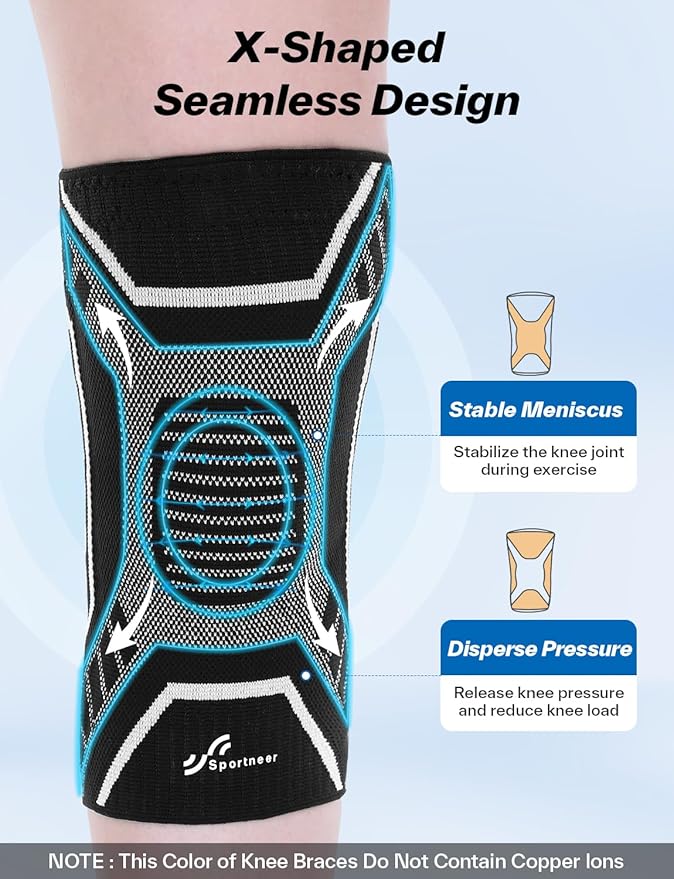 Copper Knee Brace for Men & Women - Knee Compression Sleeve with Side Stabilizers - Knee Support for Running, Hiking, Working, Basketball, Volleyball, Gym, Meniscus Tear, ACL, Arthritis Knee Pain Relief, A Pair (Black-No Copper(a pair), Large(18"-20"))