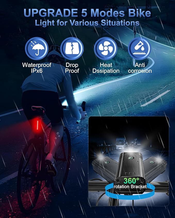 Upgrade Super Bright 6 LED Bike Light for Night Riding,3800 Lumens Aluminum Rechargeable Bicycle Light, 6000 mAh ，Runtime 48+hrs,10 Modes Waterproof Safety Bike Headlight Taillight for Outdoor Cycling