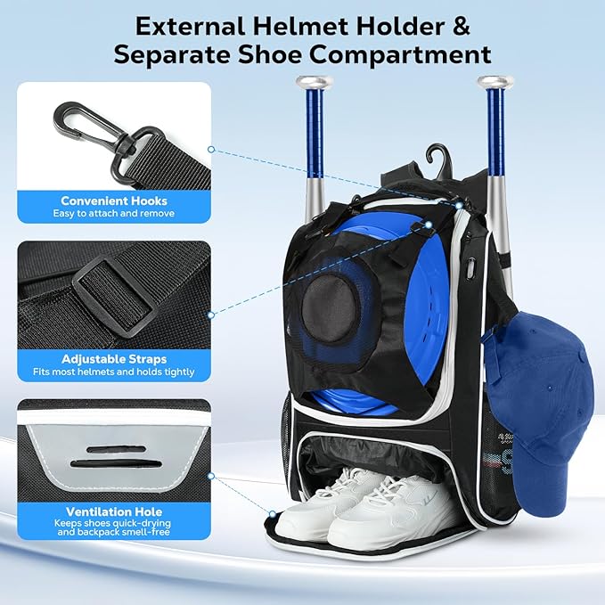 MoKo Baseball Bag, Softball Bag with External Helmet Holder & Fence Hook for T-Ball Bat Softball Equipment, Lightweight & Breathable Baseball Backpack with Shoe Compartment for Youth & Adult, Black