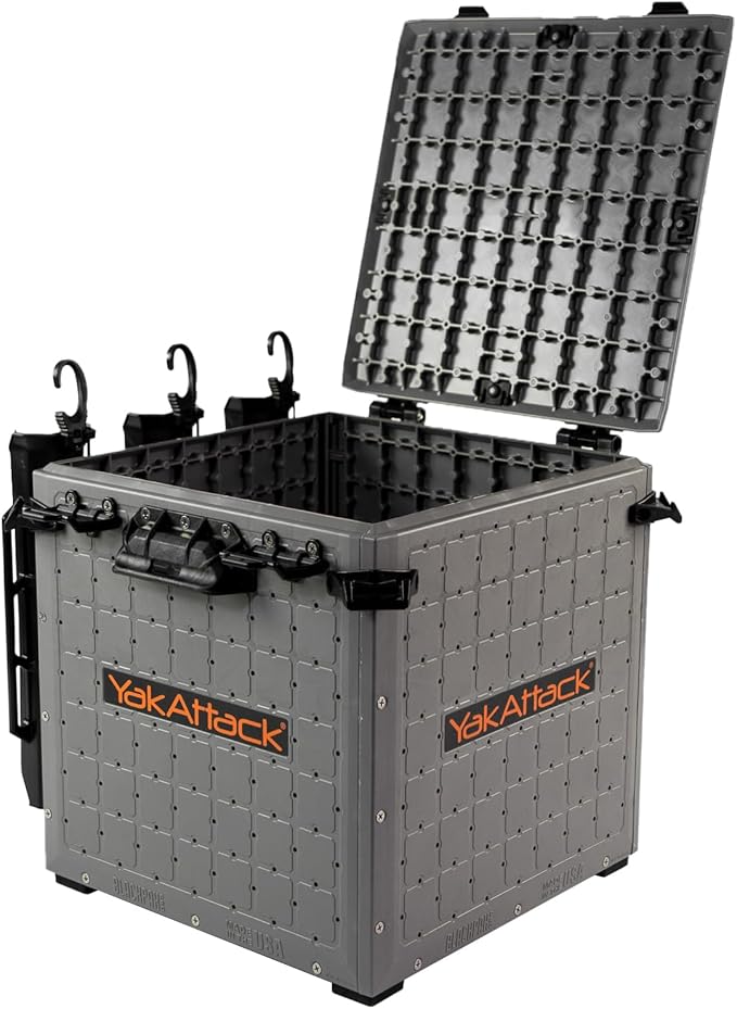 YakAttack BlackPak Pro 13" x 13" Fishing Crate with 3 Rod Holders - Battleship Grey | Compact Tackle Storage Box & Gear Organizer for Kayaks | Lightweight, Durable & Customizable Marine Accessory
