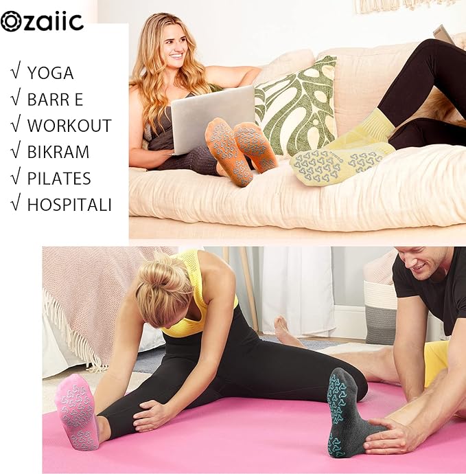 Ozaiic Non Slip Socks Grip for Yoga Home Workout Pure Barre, Pilates, Hospital, Ideal Cushion Socks for Men and Women