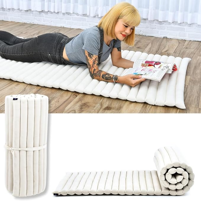 Leewadee - Foldable Floor Mattress - Japanese Roll Up Futon -Trifold Tatami Mat- Guest Floor Bed - Camping Mattress - Thai Massage Mat, Kapok Filled, 75 x 28 inches, Ecru