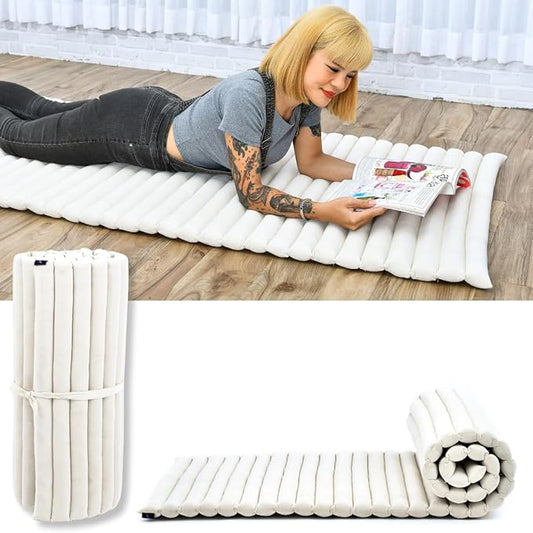 Leewadee - Foldable Floor Mattress - Japanese Roll Up Futon -Trifold Tatami Mat- Guest Floor Bed - Camping Mattress - Thai Massage Mat, Kapok Filled, 75 x 28 inches, Ecru
