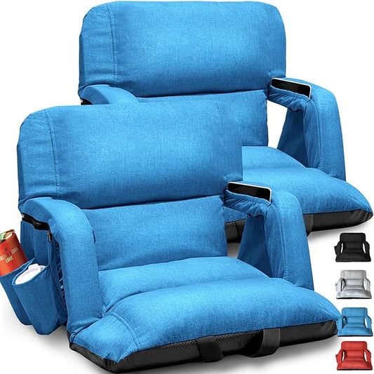 Extra Wide Stadium Seats With Back Support 2 Pack, Exclusive "Sofa Style" Design Thick Bleacher Chairs With Back and Cushion, 6 Reclining Positions - Ultimate Comfort for Sports Events (Blue, 25")