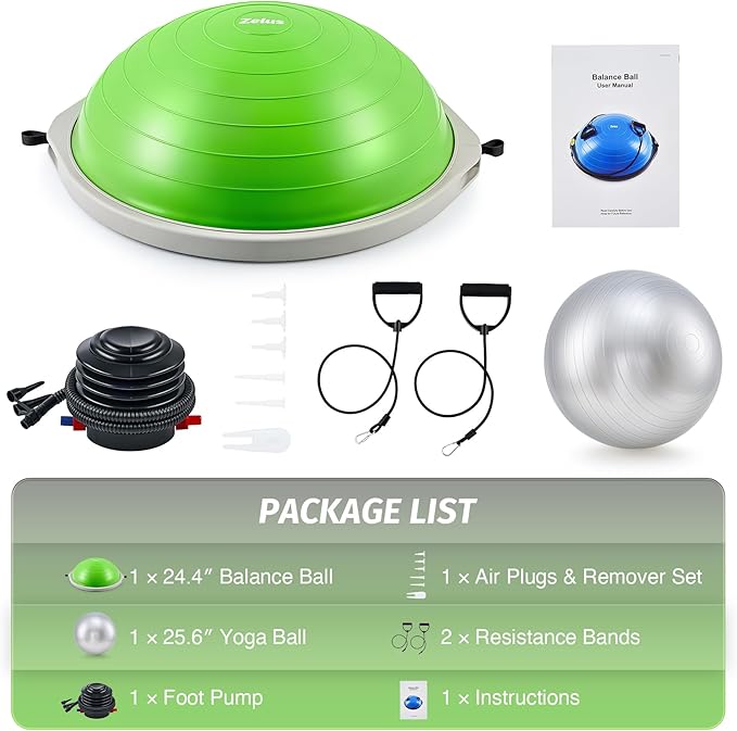 ZELUS 25in. Balance Ball | 660lb Inflatable Half Exercise Ball Wobble Board Balance Trainer w Nonslip Base | Half Yoga Ball Strength Training Equipment w 2 Bands, Pump, Extra Ball Included