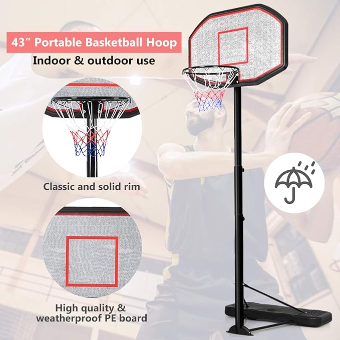 GYMAX Portable Basketball Hoop, 6.5-10FT Height Adjustable Basketball System with Wheels & 43" Backboard for Youth Kids Family Indoor/Outdoor