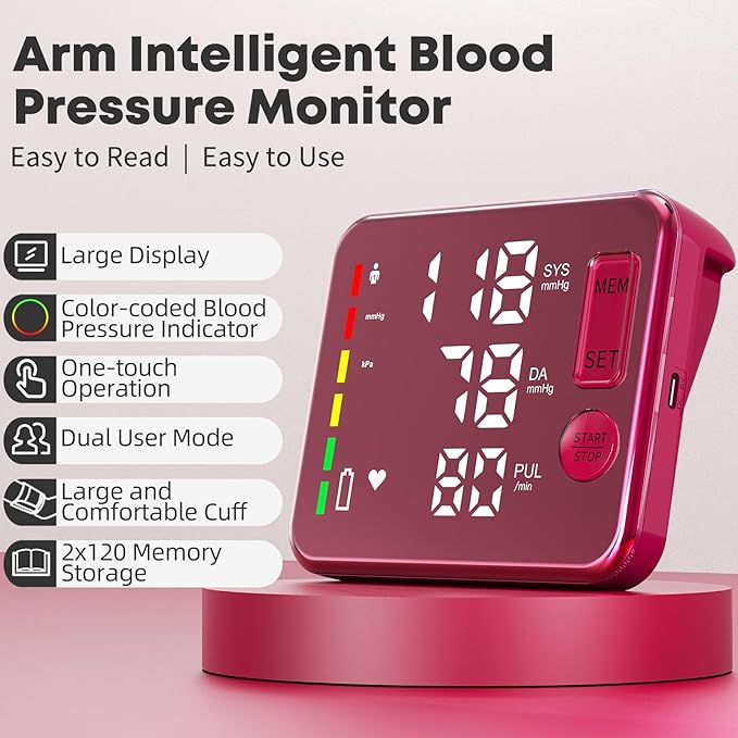 Blood Pressure Monitor Rechargeable Upper Arm Blood Pressure Monitors for Home Use Large Screen Bp Machine with 8.7"-16.5" Bp Cuff, 2x120 Memory, Voice Broadcast Bp Monitor(Red)