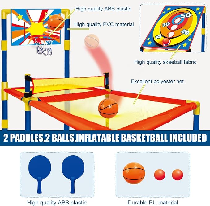 3 in 1 Trampoline Ping Pong Table Tennis Basketball Ball Score Games for Kids, Includes 2 Paddles, 2 Balls and Inflatable Basketball, for Indoor or Outdoor Use