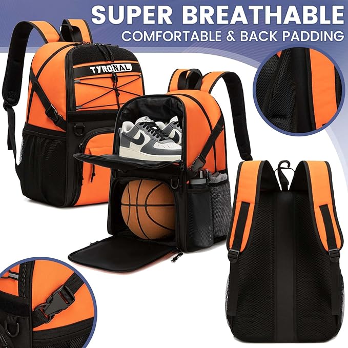 Basketball Bag Backpack with Ball Holder and Shoes Compartment,Best for Basketball, Soccer, Volleyball, Gym. (ORANGE)