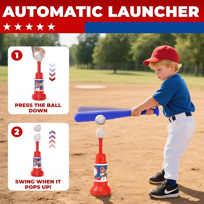 EagleStone 3-in-1 Toddler T Ball Set for Kids 3-5, 5-8, 2 Baseball Bats,Adjustable Height Hanging Tee,Tball Batting Stand,Ball Launcher. Outdoor/Indoor Baseball Toys for Toddlers, Backyard Sports Gift
