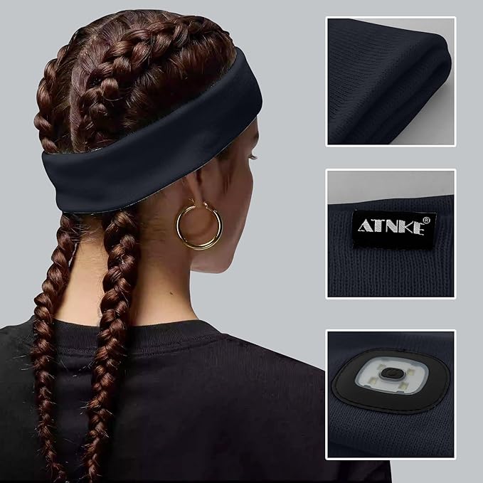 ATNKE 4 LED Lighted Sport Sweatband,USB Rechargeable Running Head Band Lamp High Stretch Wicking Gifts for Men and Women