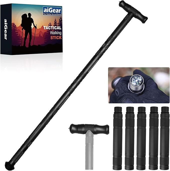 aiGear Premium Walking Hiking Stick CNC Machined Outdoor Trekking Poles with Solid Durable Tools Whistle and Compass