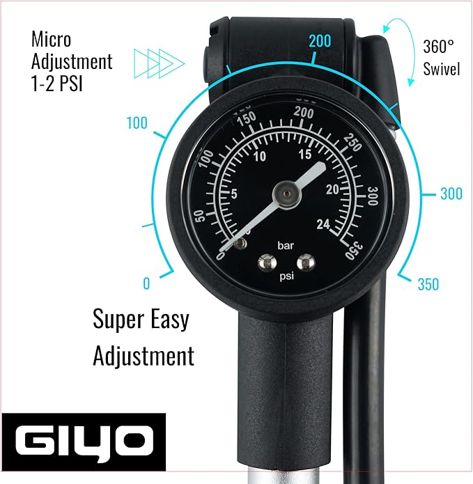 GIYO High Pressure Shock Pump (350 PSI) – Strong Lever Lock for No Air Loss, Aluminum Barrel, 1.5" Dial Gauge, Micro-Adjust Bleeder, 360° Rotating Hose, Taiwan-Made