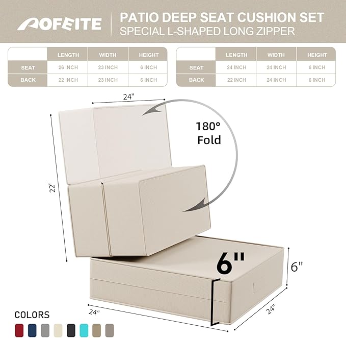 6 Inch Thick Foldable Deep Seat Cushion, 2 PCS 24 x 24 Inch Outdoor Water&Fade Resistant Olefin Patio Furniture Replacement Chair Cushion, with Removable Cover, Handle and Straps, Gray Apricot