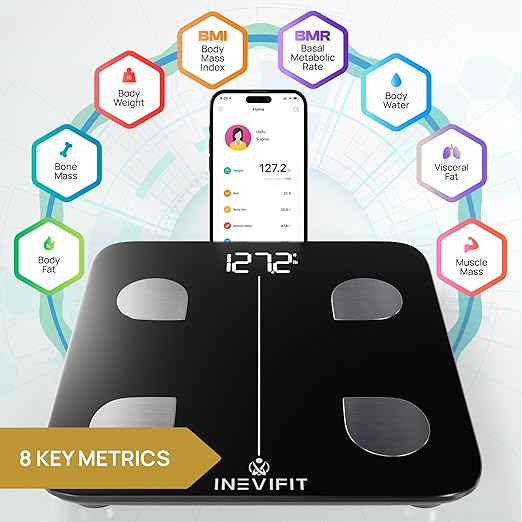 INEVIFIT Smart Body Fat Scale, Highly Accurate Bluetooth Digital Bathroom Body Composition Analyzer, Measures Weight, Body Fat, Water, Muscle, Visceral Fat & Bone Mass for Unlimited Users (Black)