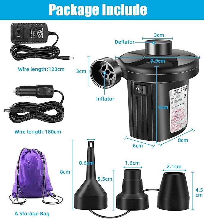 Electric Air Pump, 110V AC/12V DC Portable Air Mattress Two-Way Universal Inflator Pump for Inflatables Pool, Airbeds, etc with 3 Nozzles and Storage Bag