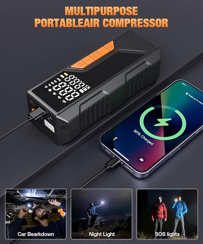 Tire Inflator Portable Air Compressor, 150PSI Portable Air Pump for Car Tires, Faster Air inflator Tire Pump with Digital Pressure Gauge LED Light for Car, Motorcycle, Bicycle, Balls