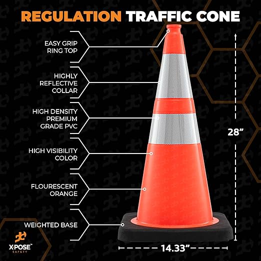 Xpose Safety 28 Inch Orange Traffic Cones Heavy Duty 10lb with 6" & 4" Collars, 4 Pack - Multipurpose PVC Plastic Safety Cone for Parking, Soccer, Caution, Kids and Construction - DOT Approved