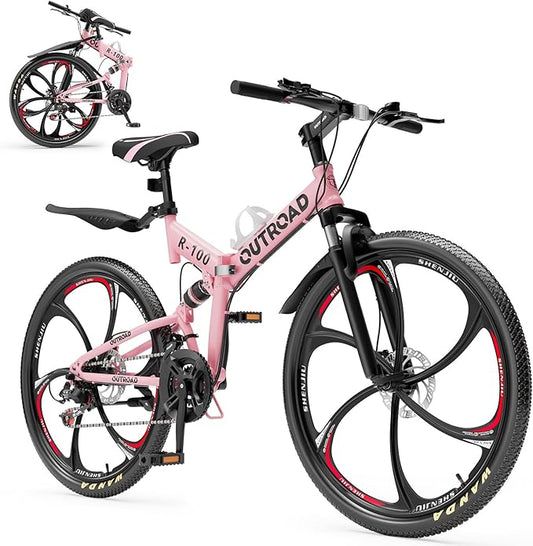 26 inch Folding Mountain Bike, Carbon Steel Frame and 21 Speed, Double Disc Brake and Dual Suspension Folding Bike for Adults/Men/Women, Easy Assembly Bicycle(Black/Green/Orange)