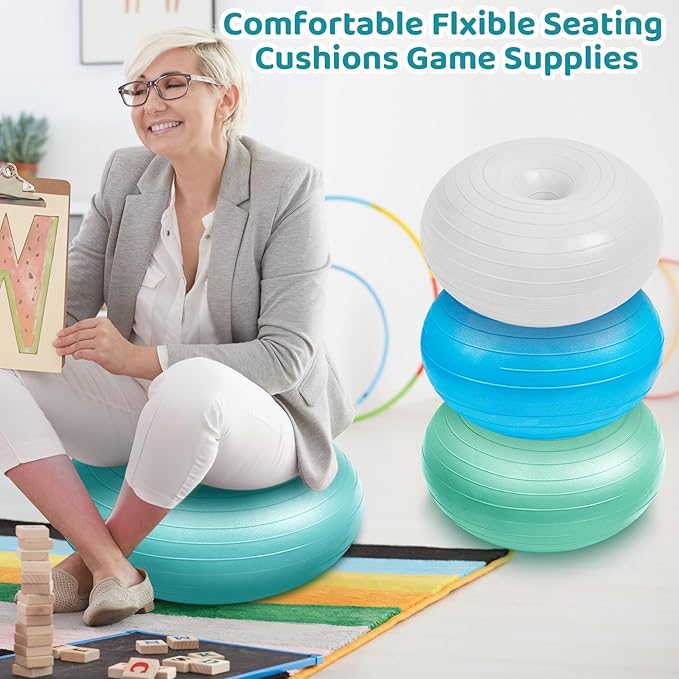 Lewtemi 6 Pcs Flexible Seating for Classroom Elementary 20 Inch Yoga Ball Chairs Large Inflatable Donut Exercise Ball Chair Stability Balance Trainer with Inflator for Kids Student(Elegant Color)