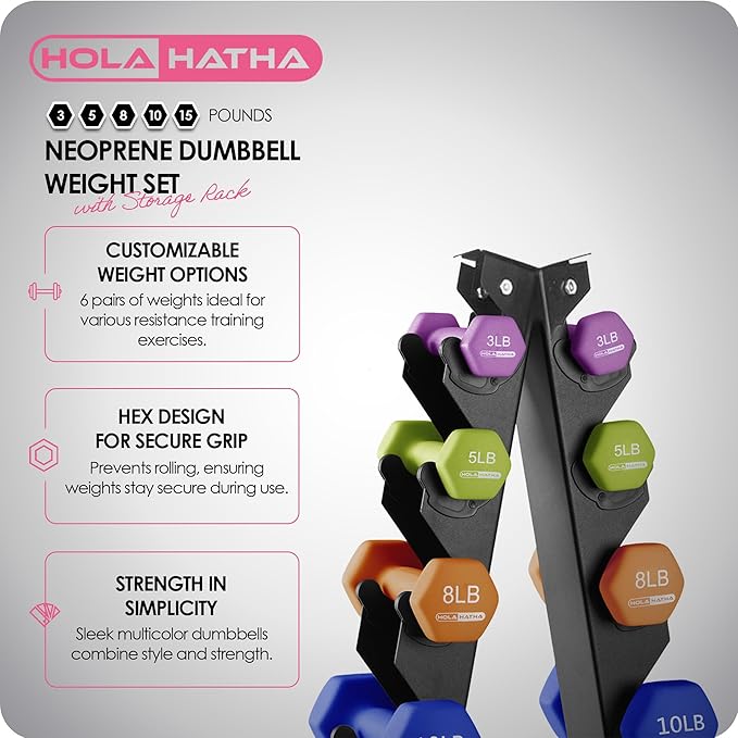 HolaHatha 2, 3, 5, 8, and 10 Pound Neoprene Dumbbell Free Hand Weight Set with Rack, Ideal for Home Exercises to Gain Tone and Definition, Pastel