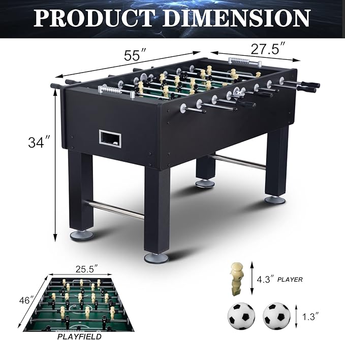 Large Size Foosball Table Adult Size, Full Size Soccer Game Table w/2 Balls, Leg Levelers & Heavy-Duty Legs, Durable Arcade Football Table for Game Room, Home, Office, Party