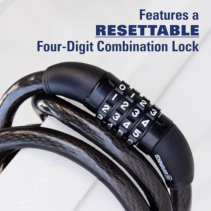 BRINKS 6 ft Outdoor Heavy Duty Bike Lock Cable, Thick, Anti Theft Self-Coiling Design, Resettable 4-Dial Combination, 5/8" Weather-Resistant Vinyl Coating for Bikes