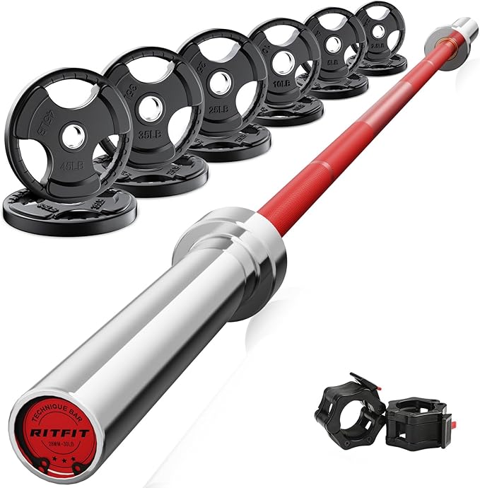 RitFit Barbell Weight Set - 4/6FT Olympic Barbell with Weight Plates (55-275LB Total) - Weightlifting Equipment for Squats, Curls, Deadlifts, Presses, Hip Thrusts