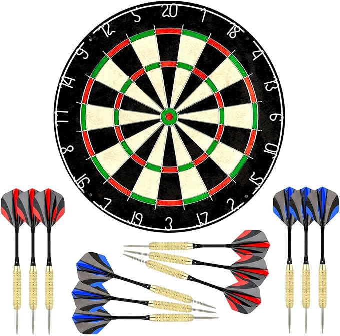 LinkVisions Dartboard with Staple-Free Bullseye, 18g Steel Tip Darts Set,12 Steel Tip Darts 18g, Dartboard Mounting Kits Included