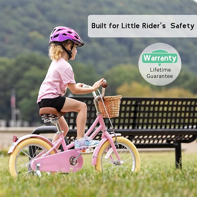 Glerc Little Molly 12-20 Inch Kids Retro Cruiser Bike for 2-13 Year Old with Wicker Basket & Training Wheels/Kickstand, Multiple Colors