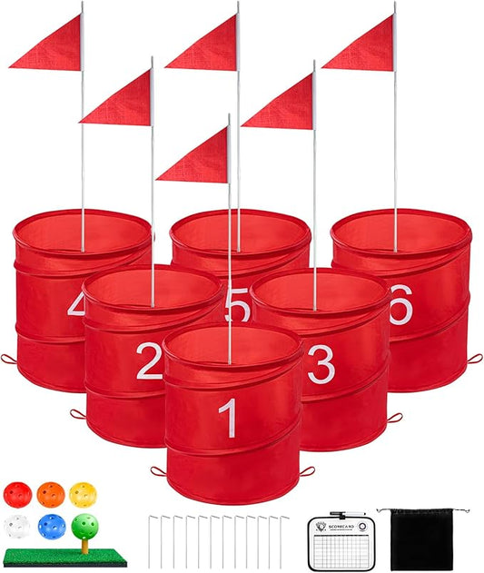 Golf Bucket Yard Game, Backyard Golf Game for Adults Family Kids, Portable 6-Hole Golf Course for Outdoor, Lawn, Park, Beach, Yard, Field Day, Family Reunion, Party Games