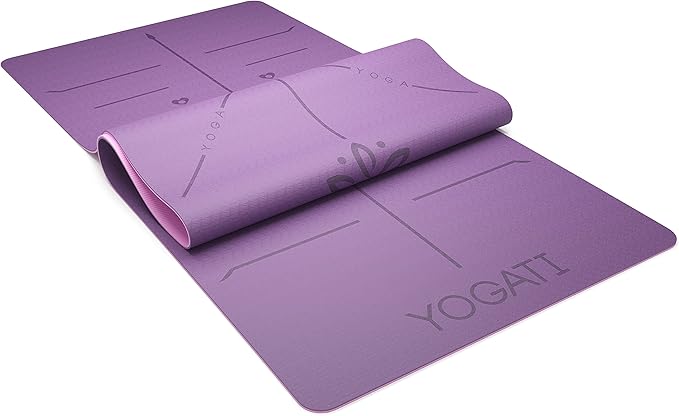 YOGATI® Non Slip Yoga Mat with Alignment Lines. Home Workout Mat for Women, Men and Kids. Thick Yoga Mats with Strap for Pilates and Fitness.