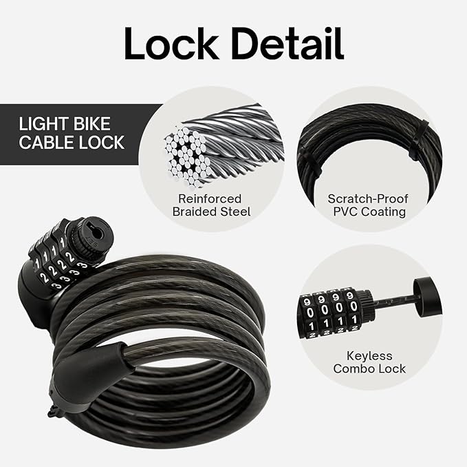 Light Bike Cable Lock Combination,4 Digit,4ft Long Resettable Combination High Security Bicycle Lock for Scooter, Mountain Bike,Kids Bike Lock,Vinyl-Coated Anti-Theft 5/16 in Diameter