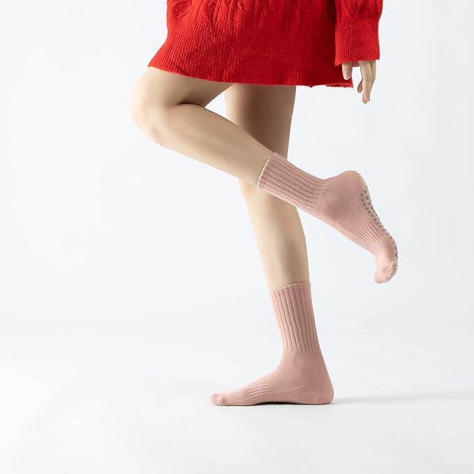 Yoga Pilates Socks with Grips for Women Non Slip Solid Colored Fleece Cushioned Mid Calf Crew Socks for Barre Ballet Dance