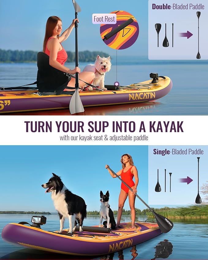Inflatable Stand Up Paddle Board 12' with Kayak Seat & Dual Paddles – Premium SUP Board for Adults & Families Includes Kayak Conversion Kit, Pump, Leash & Accessories – Stable Wide Deck for Beginners