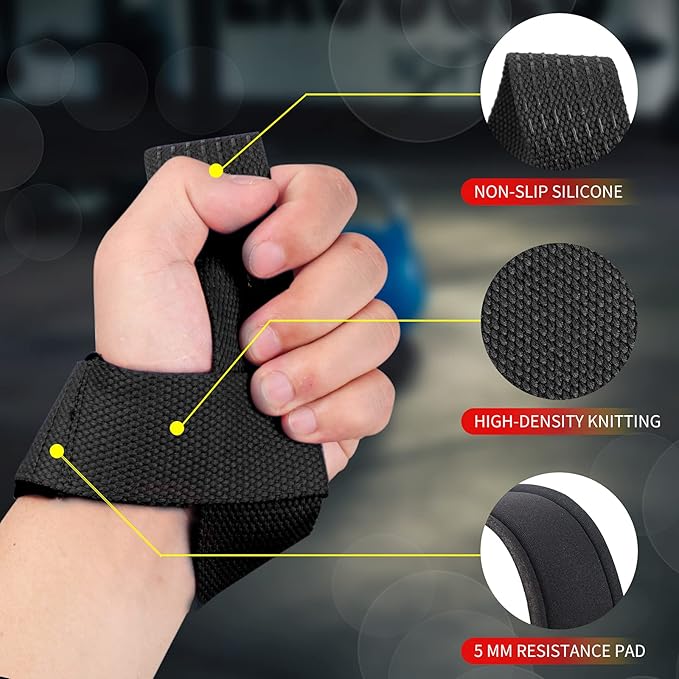 SKDK Cotton Hard Pull Wrist Lifting Straps Grips Band-Deadlift Straps with Neoprene Cushioned Wrist Padded and Anti-Skid Silicone - for Weightlifting, Bodybuilding, Xfit, Strength Training