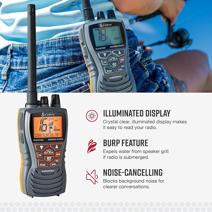 Cobra MR HH350 FLT Handheld Floating VHF Marine Radio - 6 Watt, Submersible, Noise Cancelling Mic, Backlit LCD Display, NOAA Weather, and Memory Scan, Grey