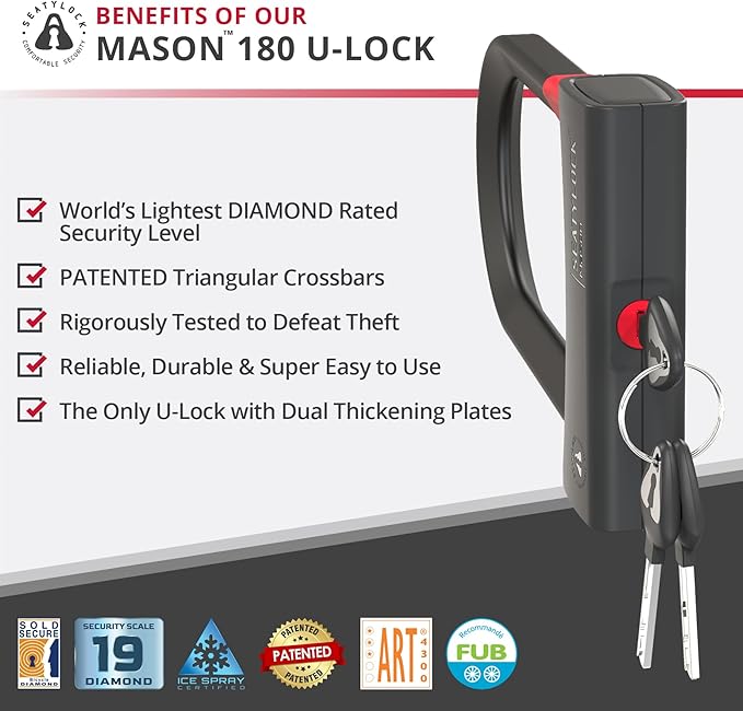Seatylock Mason Bike U Lock - Patented Heavy Duty Anti Theft Diamond Secure ULock - Ultra Security Bicycle Safety Tool with Keys for City Electric or Mountain Bikes and Scooters
