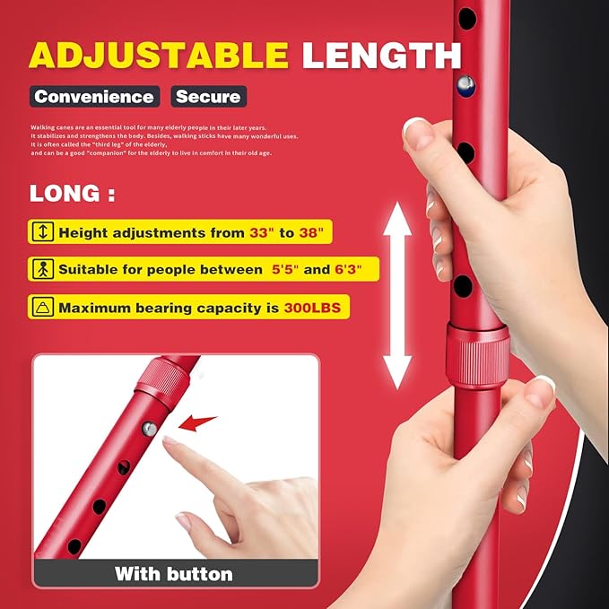 BigAlex Folding Walking Cane with LED Light,Pivoting Quad Base,Adjustable Walking Stick with Carrying Bag for Men/Women(5'5''-6'3'' Red)