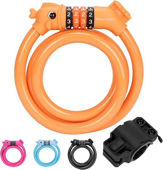Bike Lock, 3.9 Feet 4-Digit Resettable Combination Password Anti-Theft Cable Lock, Cute Coiled Bike Lock with Mounting Bracket, Suitable for Bicycles, Electric Scooters, Ebikes (Orange-12mm)