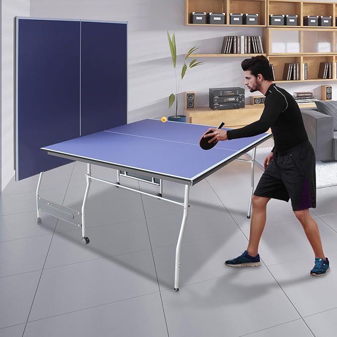 Table Tennis Table, Portable Ping Pong Table Game Set, 8ft Mid-Size Folding Indoor Outdoor Table Tennis Game Set with Net, 2 Table Tennis Paddles and 3 Balls for Adults/Teens