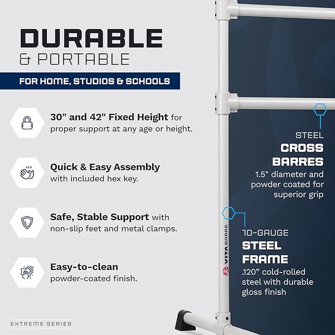 VITA Barre Portable Freestanding Double Ballet Barre, Extreme, Steel | Fixed Height, Made in USA, Home or Gym Exercise Equipment for Kids & Adults | Dance, Fitness, Pilates