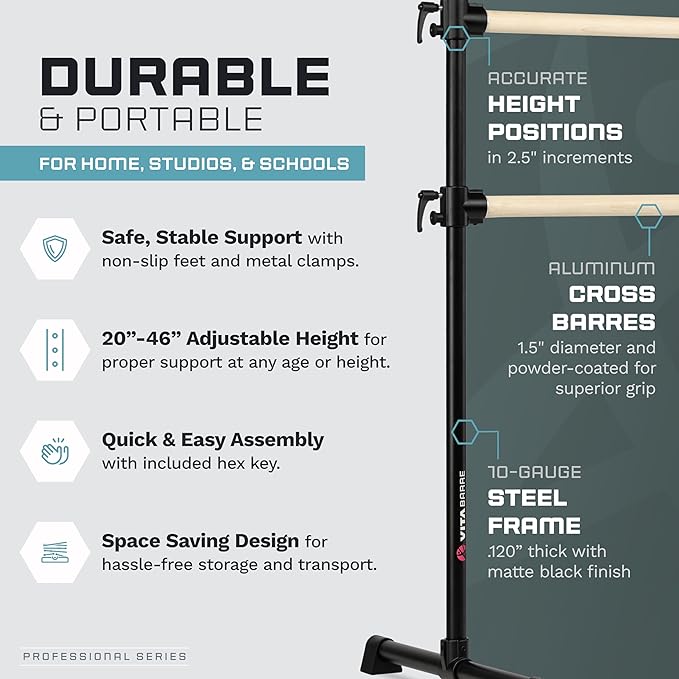 VITA Barre Portable Freestanding Double Ballet Barre, Professional | Adjustable Height, Made in USA, Home or Gym Exercise Equipment for Kids & Adults | Dance, Fitness, Pilates