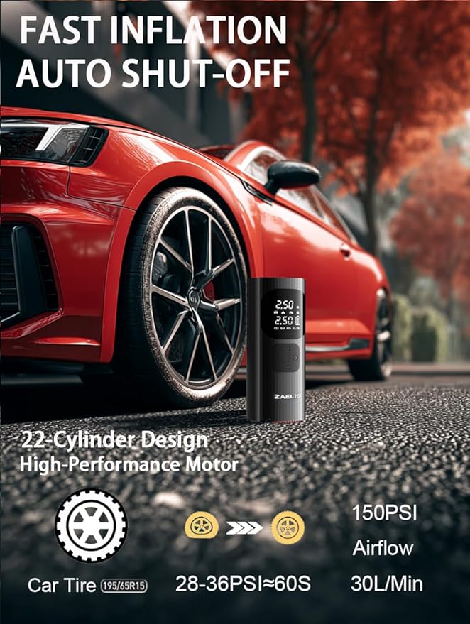 Tire Inflator Portable Air Compressor - 3X Faster 150PSI Air Pump for Car Tires, 12V DC Cordless Tire Inflator with LED Light & Digital Pressure Gauge, Electric Pump for Car, Bike, Motor, Ball